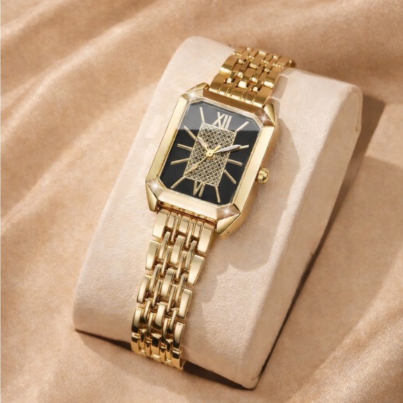 Vintage Gold Black Rectangular Watch with Crystal Dial main image 6